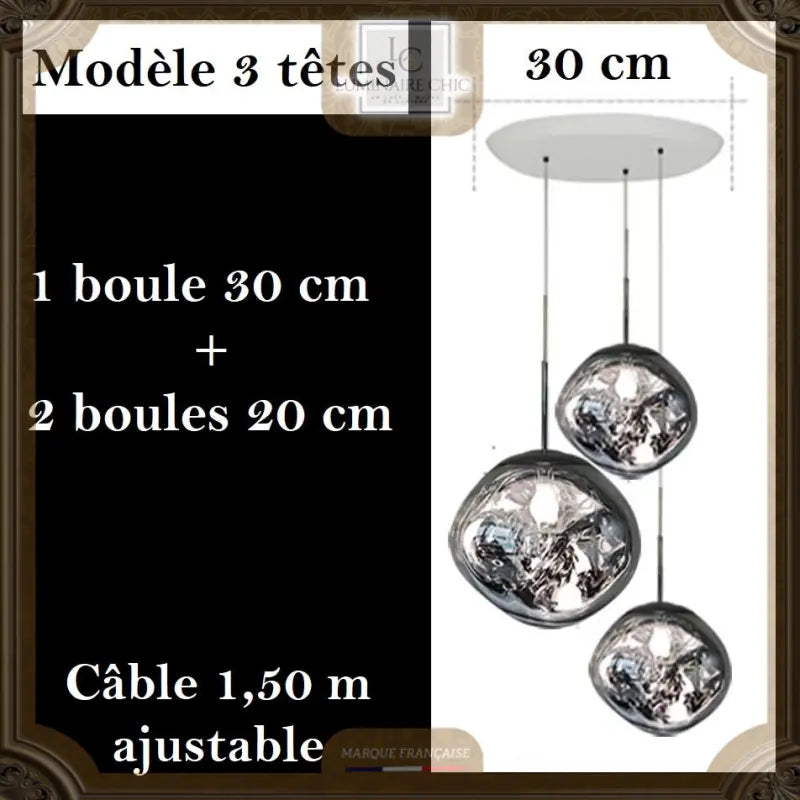 Suspension Boule Design Soufflé Teinté Fumé Style Melt 3 Têtes / Argent Noir Suspension Luminaire