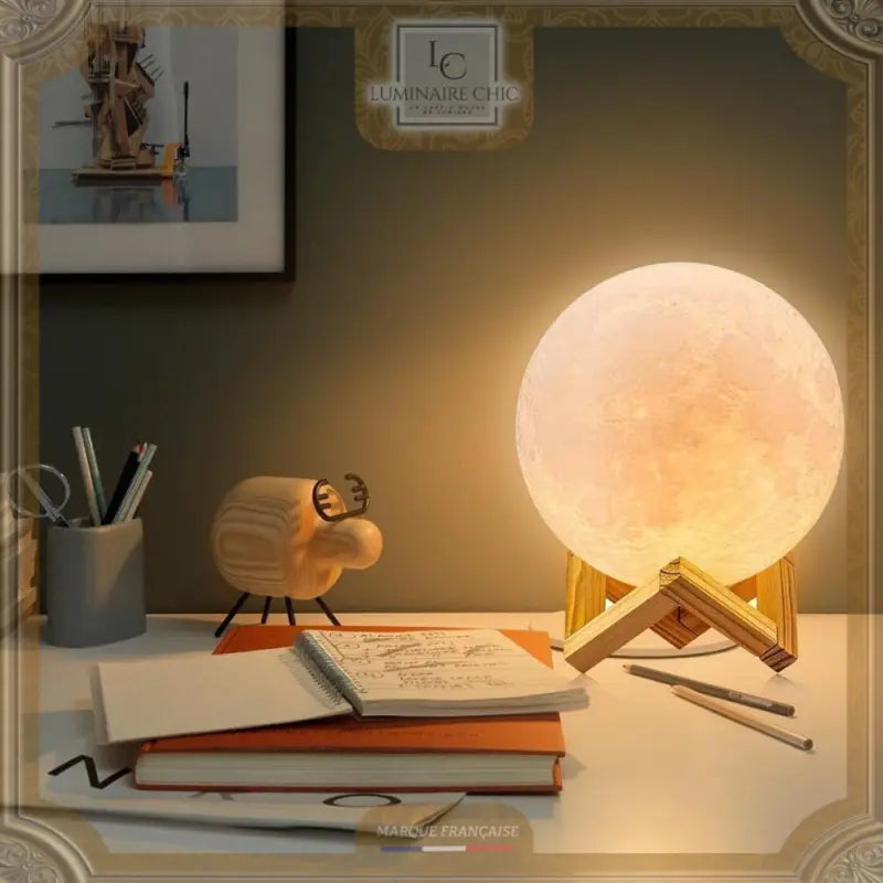 Lampe De Chevet Lune 3D Avec Support En Bois